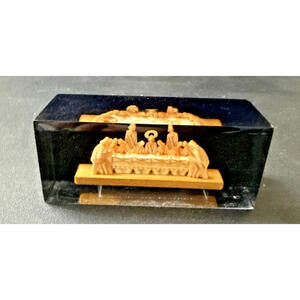 Vintage Miniature Anri Wood Carved 3D LAST SUPPER in Lucite Paperweight  1.5"T